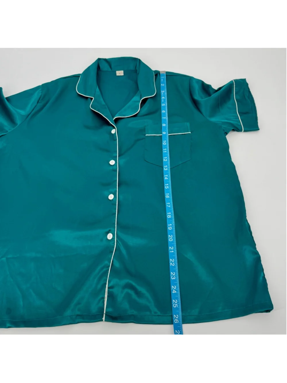 Swomog Teal Green & White Satin Pajama Set L Button Down Short Sleeve
